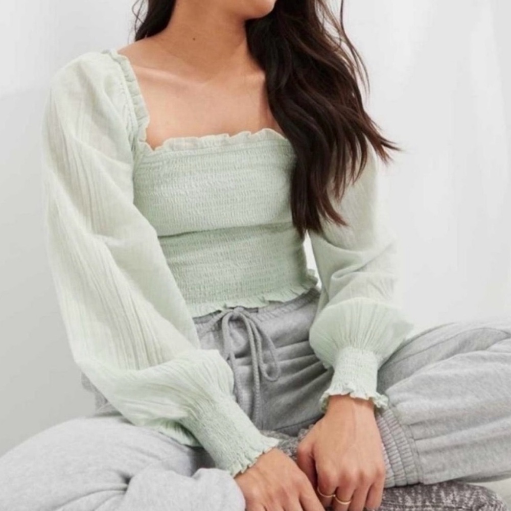 Aerie Smocked Mint Green Blouse